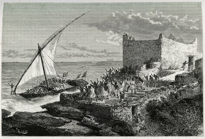 Con lo sterco dei viaggiatori che entrano nel porto di Moguedouchou (Mogadiscio), i marinai fanno un gran baccano per attirare le persone che li accolgono con grida di entusiasmo. Incisione di Riou, per illustrare il racconto “Viaggio tra i Benadir, i soma da Edouard Riou