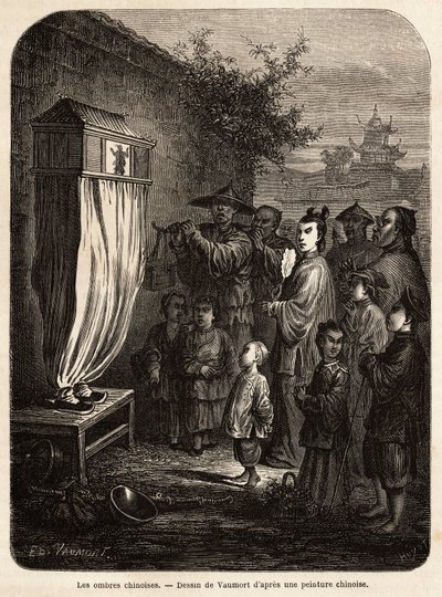 Un teatro mobile di ombre cinesi, in passeggiata per Pechino. Disegno di Vaumort per illustrare il viaggio da Shanghai a Mosca dal 1859 al 1862 di M. de Bourboulon, ministro francese in Cina. Incisione in "Le tour du monde", a cura di Edouard Charton da Edouard Vaumort