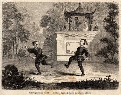 Bambini cinesi che giocano alla ruota (palla di cuoio, anelli di metallo pesante e 3 lunghe piume impiantate), sotto la supervisione della loro madre. Disegno di Vaumort per illustrare il viaggio da Shanghai a Mosca dal 1859 al 1862 di M. de Bourboulon, m da Edouard Vaumort