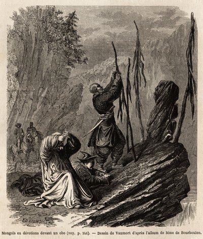 Mongoli in devozione a un obo, vicino alle montagne Bakka e Mongolia, disegno di Vaumort per illustrare il viaggio da Shanghai a Mosca, dal 1859 al 1862, di M. de Bourboulon, ministro francese in Cina. Incisione in "Le tour du monde", edito da Edouard Char da Edouard Vaumort
