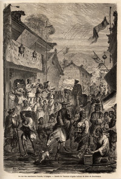 La strada dei commercianti di abbigliamento, Kalgan, Mongolia. Disegno di Vaumort, per illustrare il viaggio da Shanghai a Mosca, dal 1859 al 1862, di M. de Bourboulon, ministro francese in Cina. Incisione in "Le tour du monde" da Edouard Vaumort