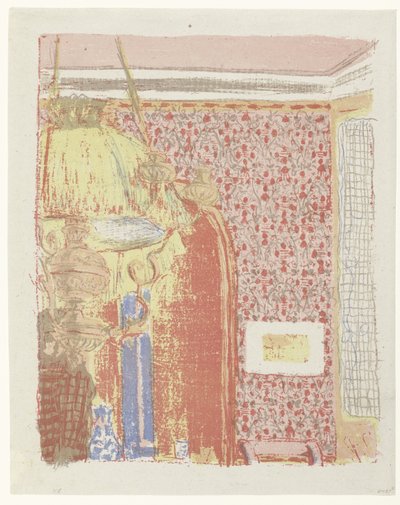 Interno con carta da parati rosa e lampada da Edouard Vuillard