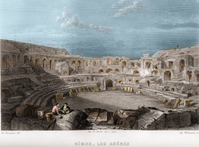 Le arene di Nîmes, Gard, Linguadoca-Rossiglione, Francia. Incisione di Willmann in 
