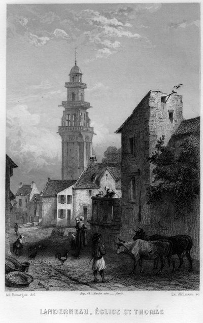 Veduta di Landerneau e della Chiesa di San Tommaso, Finistère, Bretagna, Francia. Incisione di Willmann in 