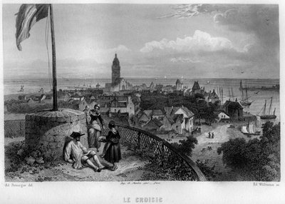 Vista della città di Croisic (Le Croisic), Loira Atlantica, Paesi della Loira, Francia. Incisione di Willmann in 