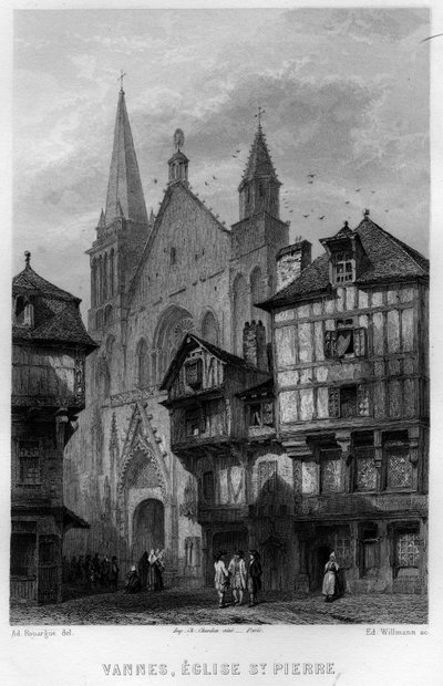 Veduta della città di Vannes e della Chiesa di San Pietro, Morbihan, Bretagna, Francia. Incisione di Willmann in "La Francia antica e moderna" di Jean-Bernard Mary-Lafon da Edouard Willmann