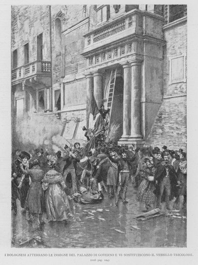 I Bolognesi Atterrano Le Insegne Del Palazzo Di Governo E Vi Sostituiscono Il Vessillo Tricolore da Edouardo Matania
