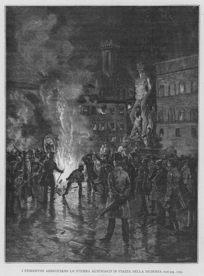 I Fiorentini Bruciano lo Stemma Austriaco in Piazza della Signoria da Edouardo Matania