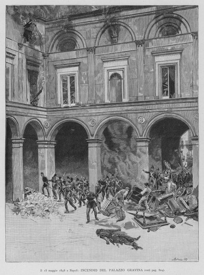 Il 15 maggio 1848 a Napoli, Incendio del Palazzo Gravina da Edouardo Matania