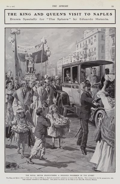 Re Edoardo VII e la regina Alessandra incontrano una processione religiosa durante la loro visita a Napoli, Italia da Edouardo Matania