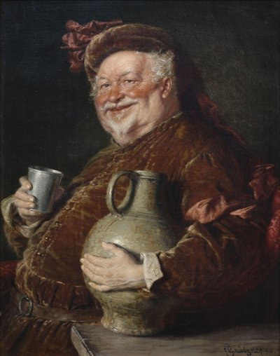 Falstaff con un boccale di vino e una tazza di stagno, 1910 da Eduard Gruetzner von