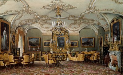 Veduta del salone di Alexandra Fyodorovna (Charlotte di Prussia (1798-1860)), moglie dello zar Nicola I al Palazzo di Gatchina da Eduard Hau