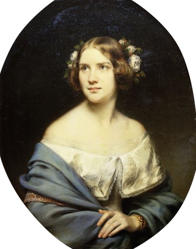 Ritratto di Jenny Lind, in piedi a mezzo busto in un vestito bianco e uno scialle azzurro chiaro da Eduard Magnus