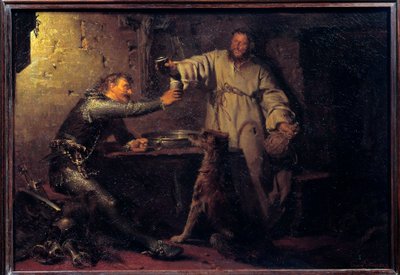 Guerriero di mezza età che brinda con un eremita in una taverna da Eduard von Grutzner