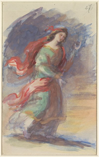 Giovane donna che cammina, in abito colorato e svolazzante, su sfondo scuro da Eduard von Heuss
