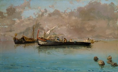 Marina con barche da pesca, di Eduardo Dalbono, olio su tela da Eduardo Dalbono