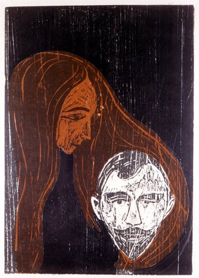 Testa di un uomo nei capelli di una donna da Edvard Munch
