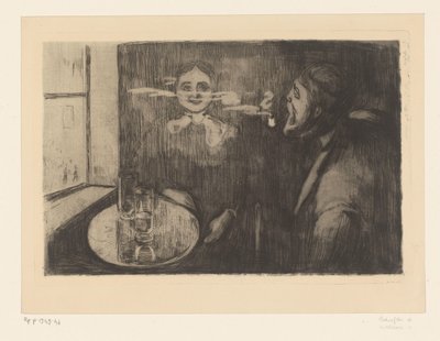 Donna e uomo che fuma la pipa a un tavolo da Edvard Munch