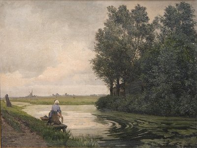 Paesaggio olandese. Una ragazza lava vicino a un canale da Edvard Petersen