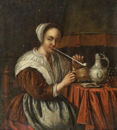 Una donna che fuma una pipa a un tavolo da Edwaert Colyer or Collier