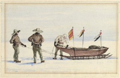 La spedizione in slitta verso White Island, febbraio 1902: Shackleton, Wilson e Ferrar si preparano a partire, 1902 da Edward Adrian Wilson