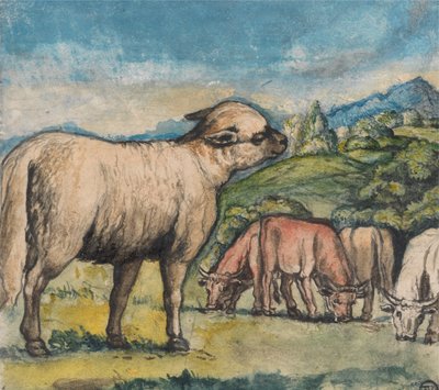 Agnello e buoi in un paesaggio pastorale da Edward Calvert