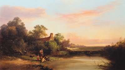 Paesaggio inglese con cottage e ruscello, 1860 da Edward Charles Williams