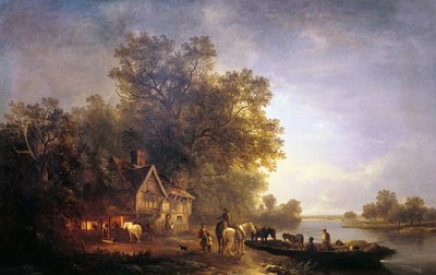 Paesaggio fluviale con rustici e cavalli da Edward Charles Williams