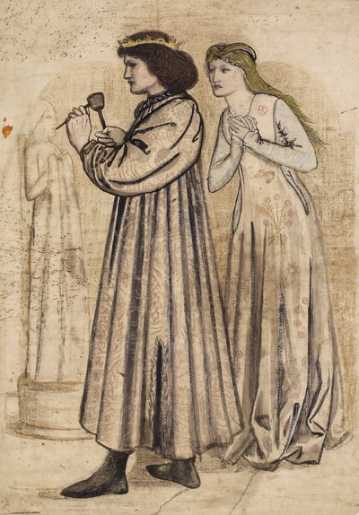 Scena del Re René che scolpisce una figura mentre è osservato dalla sua nuova sposa (penna e inchiostro di china con lavaggio e matita su carta) da Edward Coley Burne Jones
