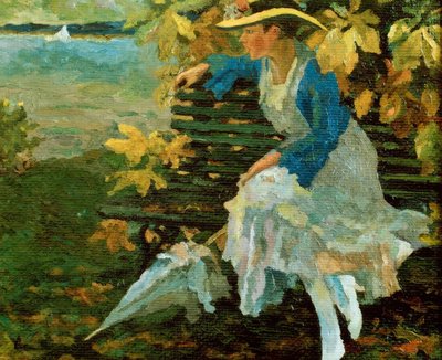 Donna su una panchina in riva al lago da Edward Cucuel