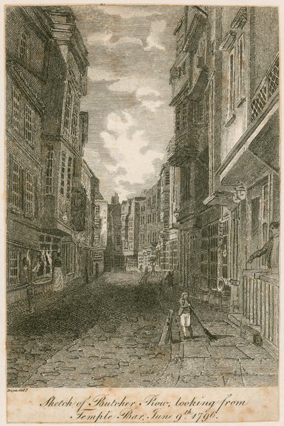 Schizzo di Butcher Row, vista da Temple Bar, 9 giugno 1796 da Edward Dayes