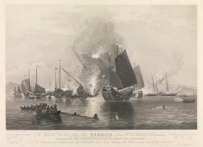 La Hon. E.I. Co. Iron Steam Ship Nemesis, ... con le barche di Sulphur, Calliope, Larne e Starling, che distruggono le giunche da guerra cinesi, nella baia di Anson, 7 gennaio 1841 (Chuenpee vicino a Canton) da Edward Duncan
