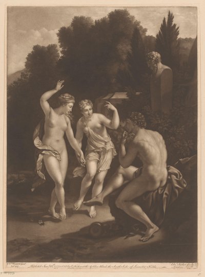 Uomo che suona il flauto davanti a due ninfe danzanti da Edward Fisher