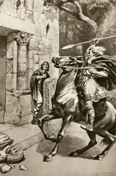 Il Sommo Sacerdote Coifi che percorre Goodmanham Lane per distruggere gli idoli, illustrazione da "La piccola isola del tesoro" di Arthur Mee, 1920 circa (litografia) da Edward Frederick Skinner
