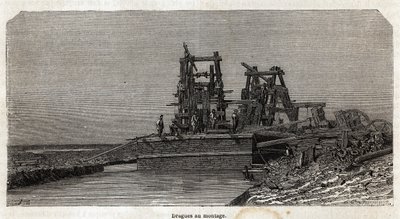 Draghe sul Canale di Suez, disegno di Grenet, per illustrare un