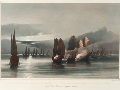 Attacco alla squadra pirata di Chuiapoo, al largo di Tysami, Cina, nella notte del 28 settembre 1849 da parte della HMS Columbine, J C Dalrymple Hay, Esqr, Comandante, c.1849 da Edward Hodges Cree