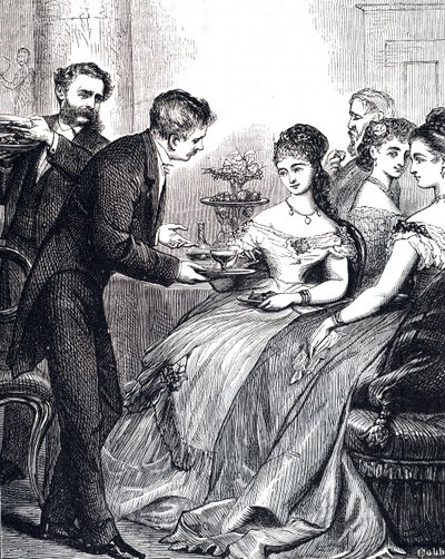 Incisione raffigurante un gentiluomo che porge un piatto di gelatina a una signora durante una cena da Edward Hughes