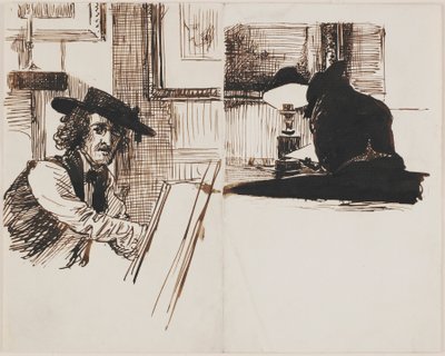 Whistler che disegna Poynter, vista posteriore di un uomo seduto a un tavolo vicino a una lampada accesa da Edward John Poynter