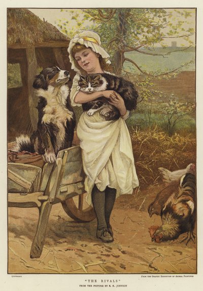 Una giovane ragazza con un gatto in braccio accanto a un cane (litografia a colori) da Edward Killingworth Johnson