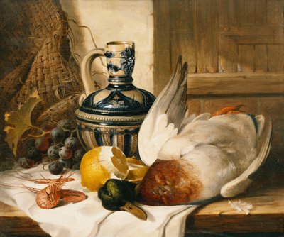 Anatra, brocca, limone sbucciato, uva e gamberi su un ripiano da Edward Ladell