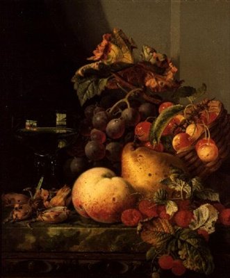 Natura morta con un bicchiere di vino, ciliegie e altra frutta su una mensola da Edward Ladell