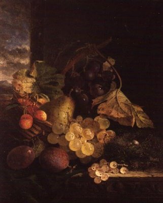 Natura morta con un cesto di frutta e un nido di uccelli su una mensola di legno da Edward Ladell