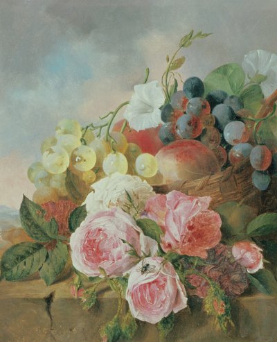 Natura morta di frutta e rose su una mensola da Edward Ladell