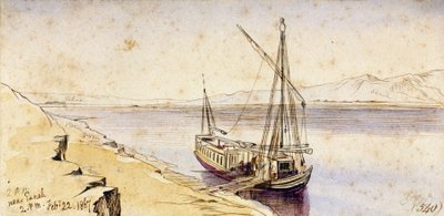Una barca tradizionale egiziana che attracca su una riva del Nilo, vicino a Esneh (Egitto). Disegno ad acquerello colorato da Edward Lear