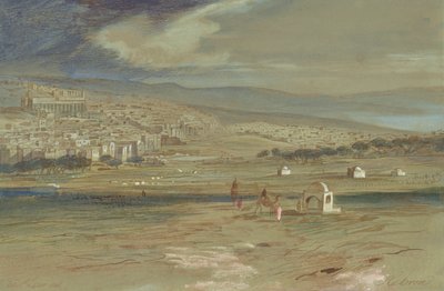 Una veduta della città di Hebron con cammelli e figure in primo piano da Edward Lear
