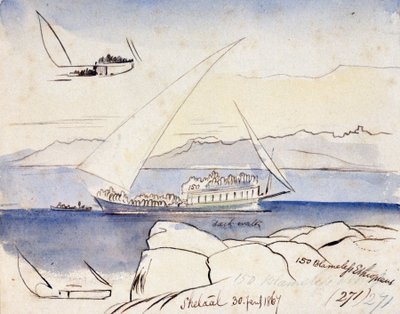 Un dhow egiziano sul Nilo, vicino a Shetaal (Egitto). Disegno ad acquerello colorato da Edward Lear
