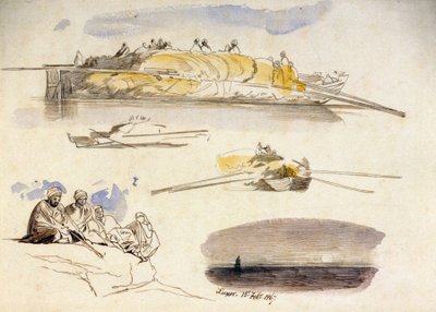Cinque schizzi di Luxor (Egitto), tre vedute di una casa galleggiante carica di paglia, uno schizzo di cinque egiziani seduti e un paesaggio al crepuscolo da Edward Lear