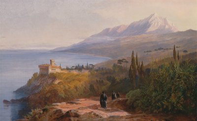 Monte Athos e il monastero di Stavronikétes, 1857 da Edward Lear