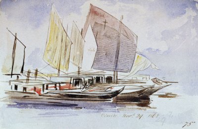 Studi di barche veneziane, a vela piena, vista di dritta da Edward Lear