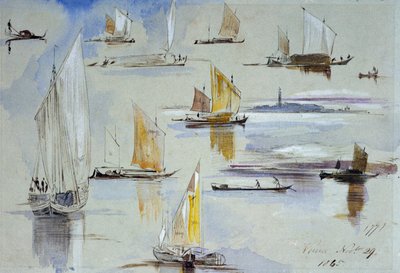 Studi di barche veneziane, con annotazioni. Dipinto di Edward Lear (1812-1888) da Edward Lear
